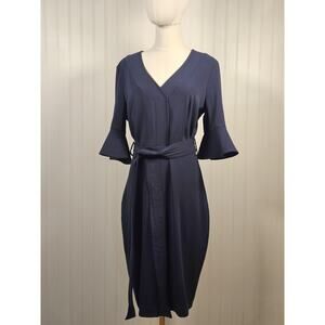 Badgley Mischka Navy Blue Belted Dress Women's Size 6 Bell Sleeves $551 Retail